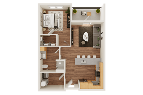 Floor plan for 1 bed, 1 bath, 686 sqft